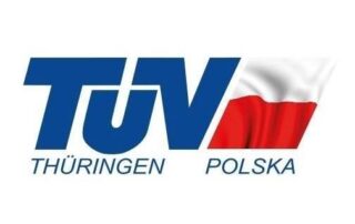 The logo of TUV Thuringen Poland nn a white background with the flag of Poland
